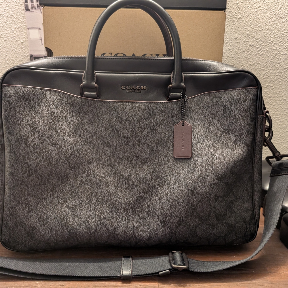 Coach Men’s Black Signature And Oxblood Briefcase with Strap